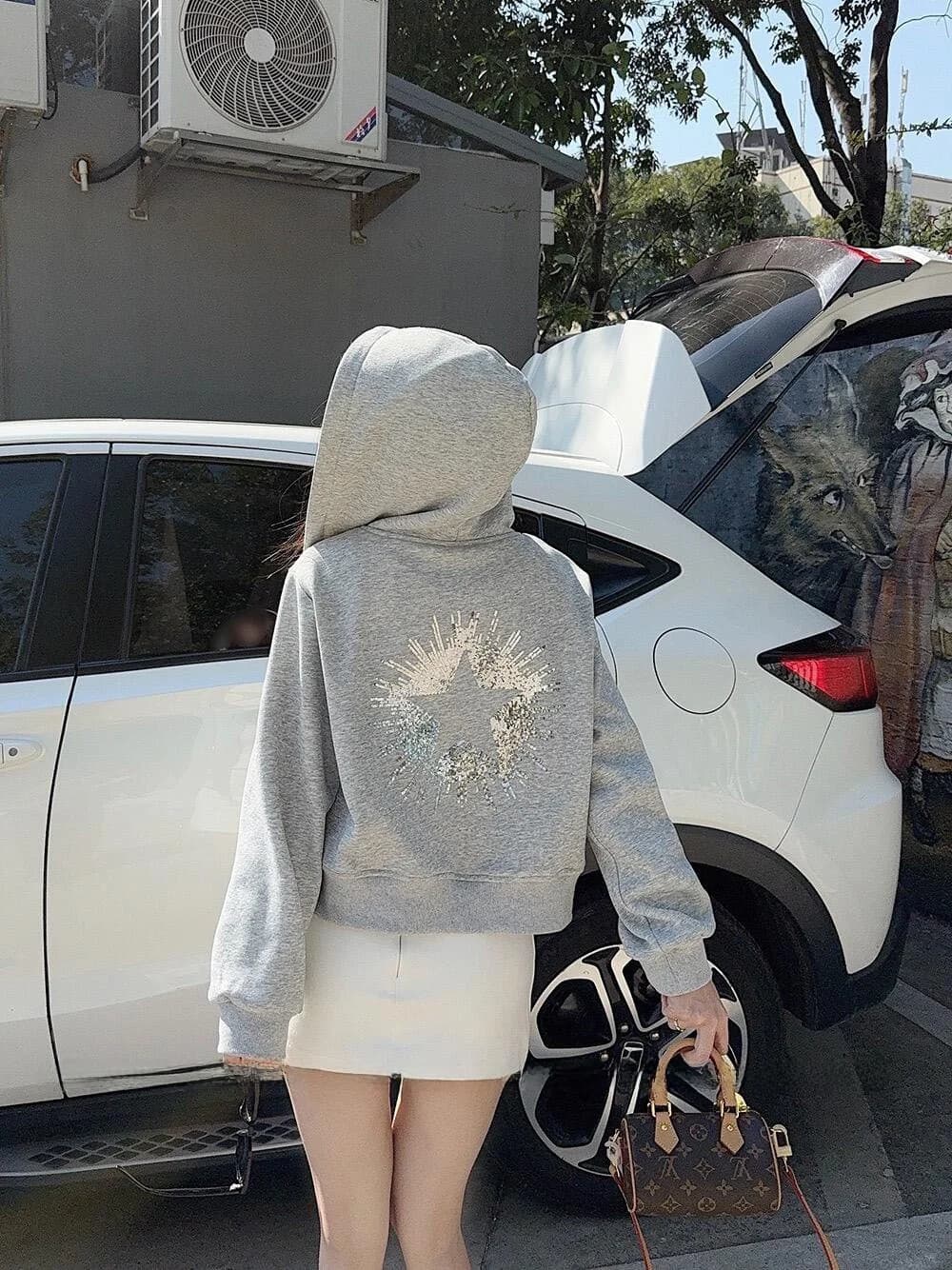 Silver Stream Meteor American Style Five-Pointed Star Sequin Zipper Hoodie Women's Loose Short Top Trendy Brand Streetwear