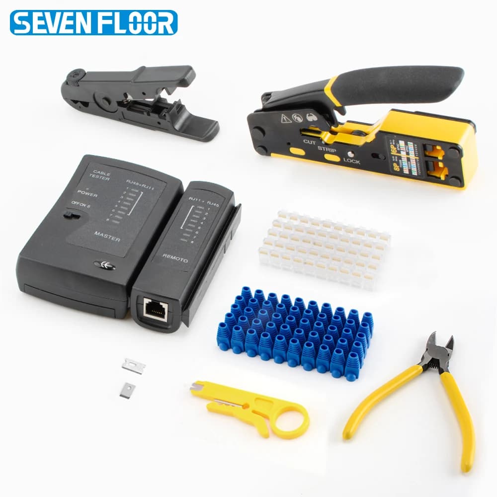 Kit di strumenti a crimpare RJ45 8 in 1, strumento di crimpatura, tester per cavi, tagliafili, lame, 50 connettori Cat 6 e stivali antistrappo