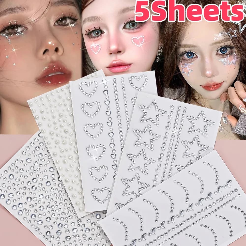 5 pezzi 3D decorazioni per il viso trasparente adesivi con strass stella scintillante/amore adesivo per gioielli adesivo per tatuaggi decorazione di perle simulate fai da te