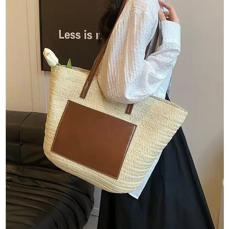 Straw hand-woven tote bag large capacity shoulder bag for women beach vacation seaside travel accessory