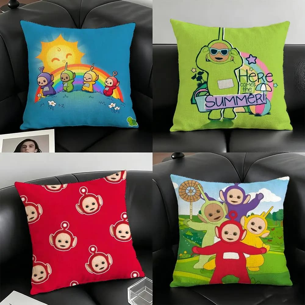 Fodera per cuscino in lino con stampa dei Teletubbies, per divano, soggiorno, panca, patio, pavimento, decorazioni per la casa