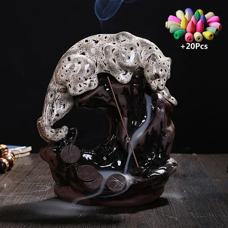 Regalo artigianale Lukcy Fortune Leopard Home Tea House Decora incenso a riflusso Panda Stick Holder Incensiere in ceramica