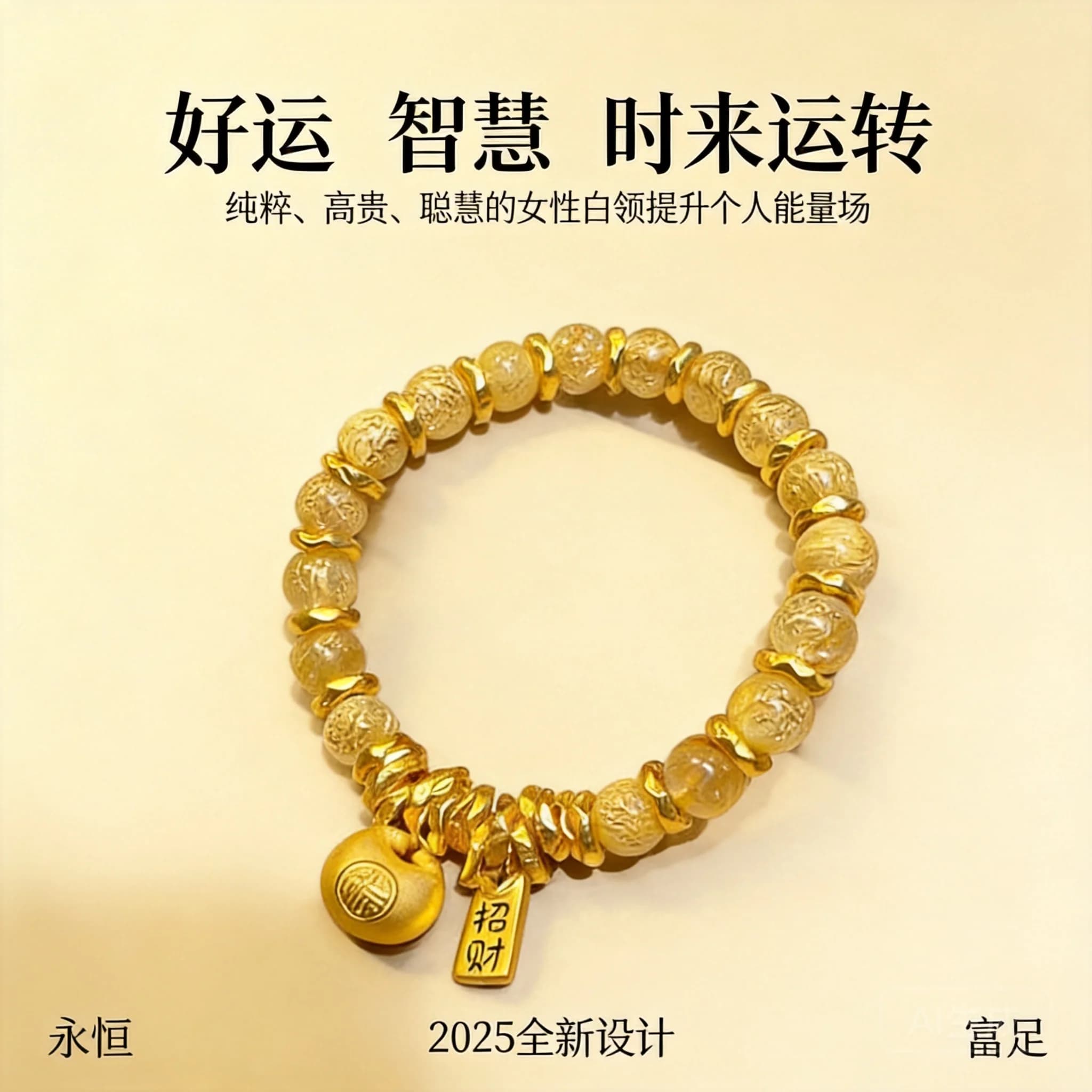 Bracciale con perline in argento S925 placcato oro 24k, quarzo rutilato naturale e citrino, stile cinese, con sacchetto Fu, portafortuna e benedizione.