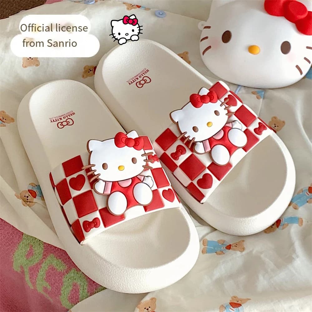 Ciabatte a Scacchi Sanrio Hello Kitty 2025 per Donne, Rosso e Bianco, Antiscivolo, Suola Morbida, Casual, per Interni ed Esterni, Estive