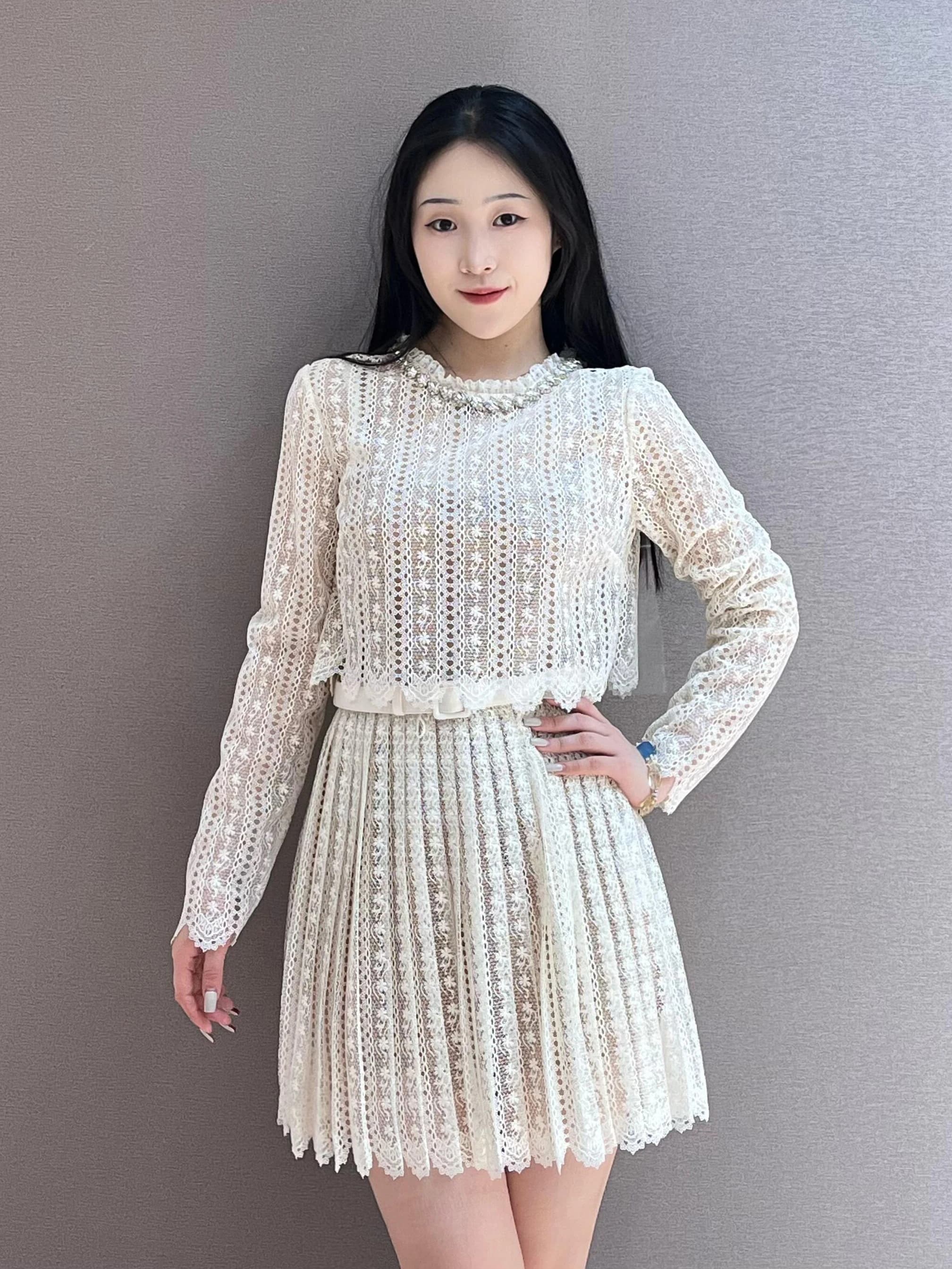 SelfSP Spring Summer 2026 Lace Drill Decorated Dress in Beige Casual Style Knitted Cotton Long Sleeve Slim Fit round Neck