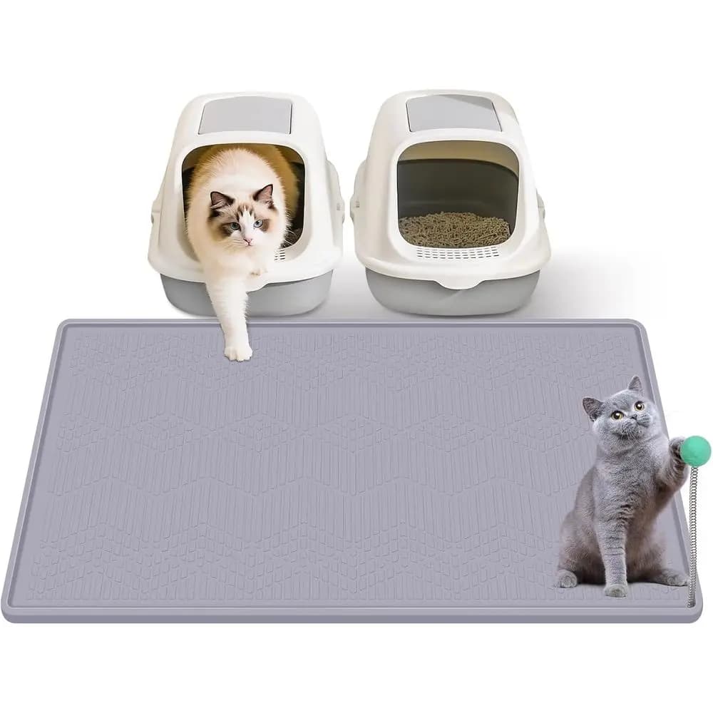 Silicone Cat Litter Mat with Toy, 38x25 Inch Large - Waterproof, Easy Clean Trapping Mat for Kitty Litter Box, Non-Slip Litter B