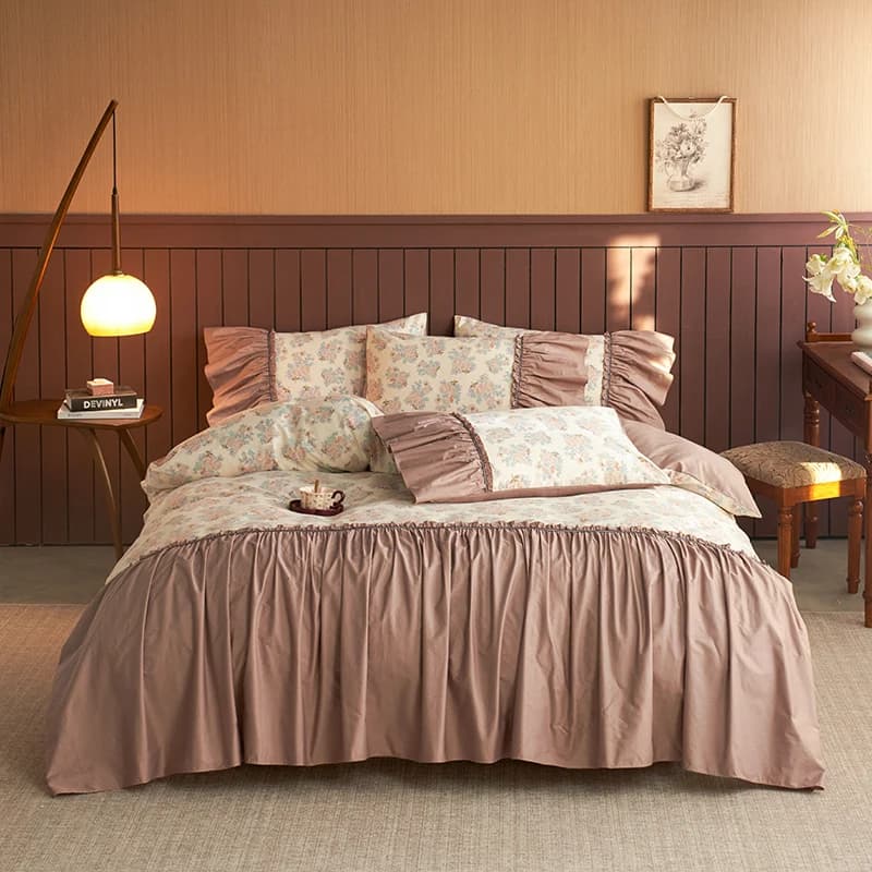 4 pezzi vintage francese floreale grande volant patchwork 100% cotone set biancheria da letto set copripiumino lenzuolo/fodera federe