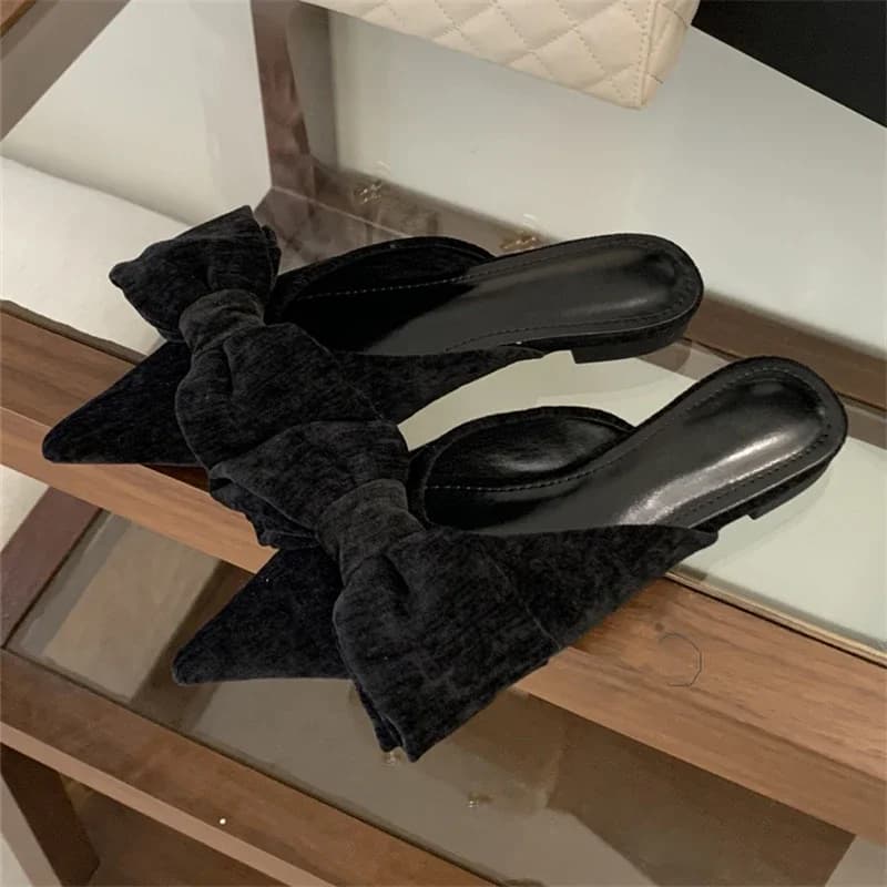 Aneikeh 2026 Spring Autumn Elegant Designer Big Butterfly Knot Mules Women Slippers Pointed Toe Stripper Square Heel Ladies Shoe