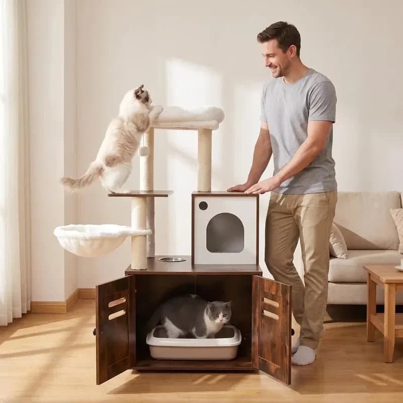 Modern Solid Wood Large Breed Villa Cat House Storage Bench Pet Furniture Box Cabinet Easy Clean All Seasons Hook Loop