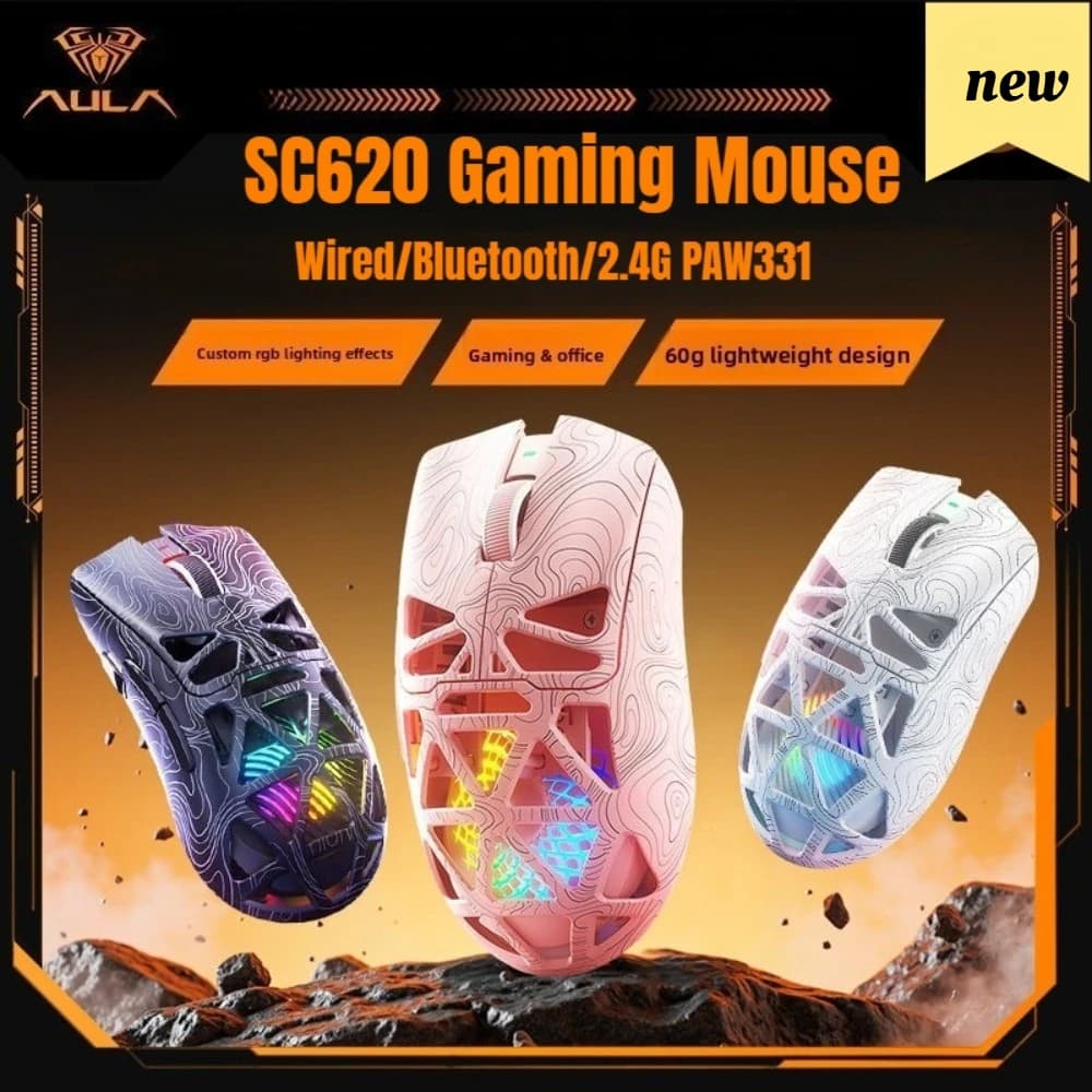 AULA SC620 Nuovo Mouse da Gaming Cablato/Bluetooth/2.4G PAW3311 Leggero Regolabile 12.000 DPI Lunga Durata della Batteria PC E-Sports Gamer