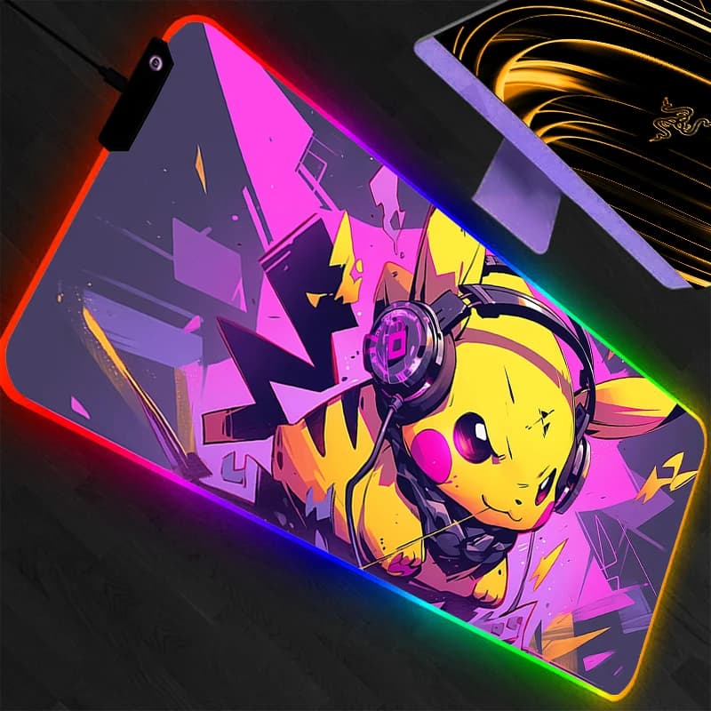 Tappetino per mouse RGB Pokemon Pikachu Gamer Tastiera grande a LED Tappetino per computer in gomma antiscivolo Tappetino per scrivania Tappetino per mouse retroilluminato per PC Gamer