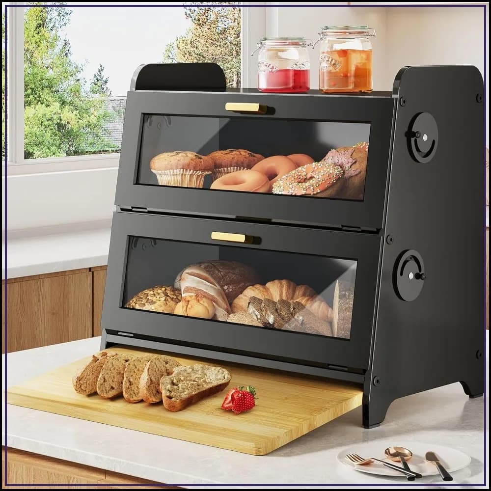 Bread Box with Bamboo Cutting Board, Adjustable Vent Holes, Kitchen Countertop Storage