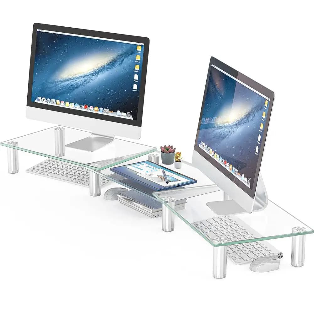 Supporto per Doppio Monitor Regolabile in Lunghezza e Angolazione, Organizzatore da Scrivania per PC, Computer, Laptop Trasparente