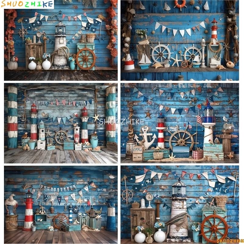Fondali fotografici per barche a vela con faro marino blu, rete da pesca, palloncino, studio fotografico, sfondo, decorazioni per feste di compleanno YW-01