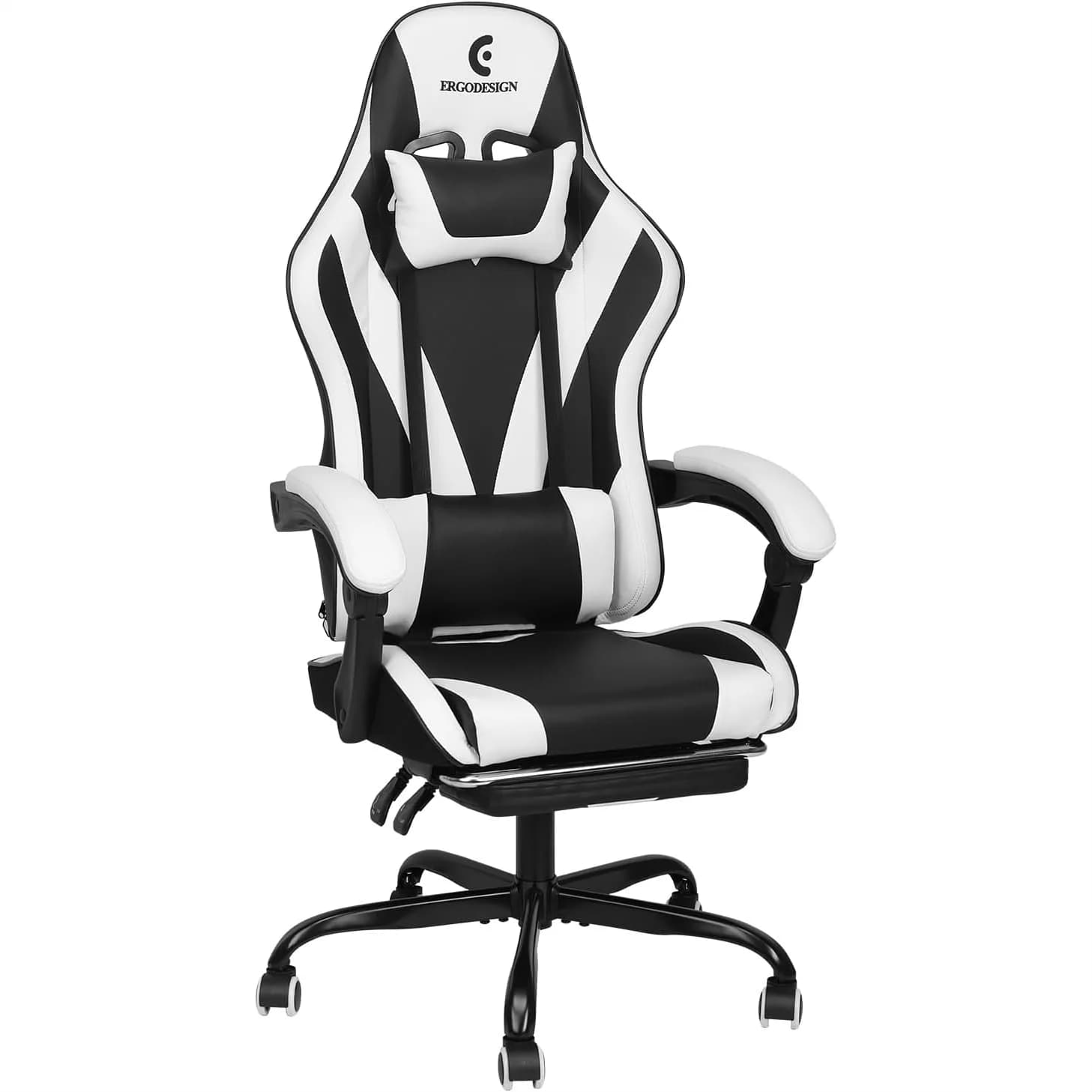 Sedia da gaming con braccioli e poggiapiedi collegati, sedia da gaming con schienale alto, nera/bianca