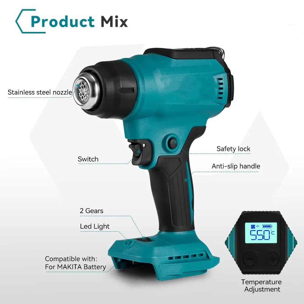 Pistola Termica 18V per Imballaggio Termoretraibile, Saldatore ad Aria Calda con Display LED per Elettronica e Artigianato, Senza Batteria