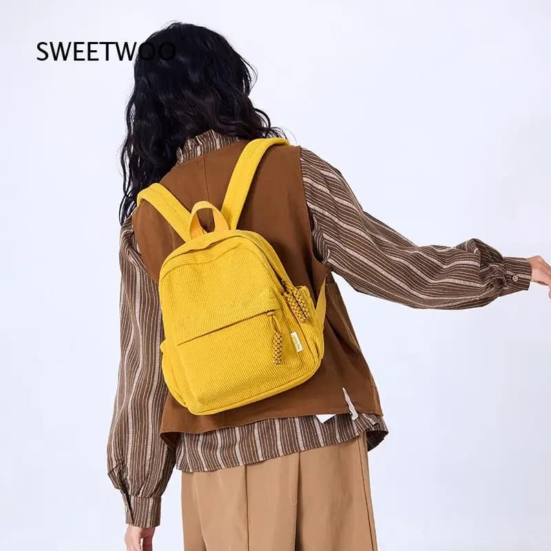 2026 Mustard Yellow Corduroy Mini Backpack Front Pocket Casual Small Daypack For Women