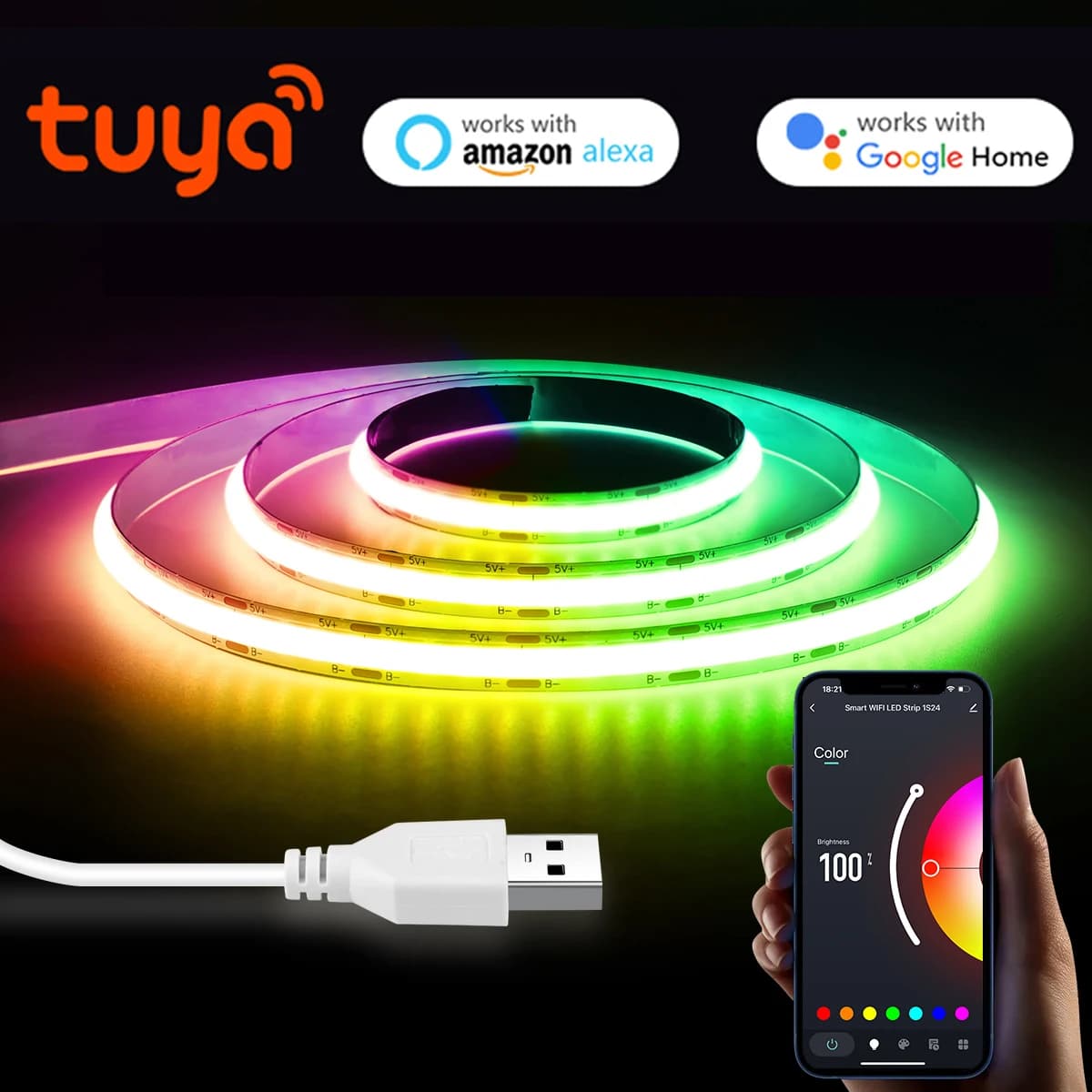 WIFI Alexa Control RGB COB LED Strip DC 5V USB Tuya APP TV BackLight Room Decoration Led Tape Diode Flexible Ribbon