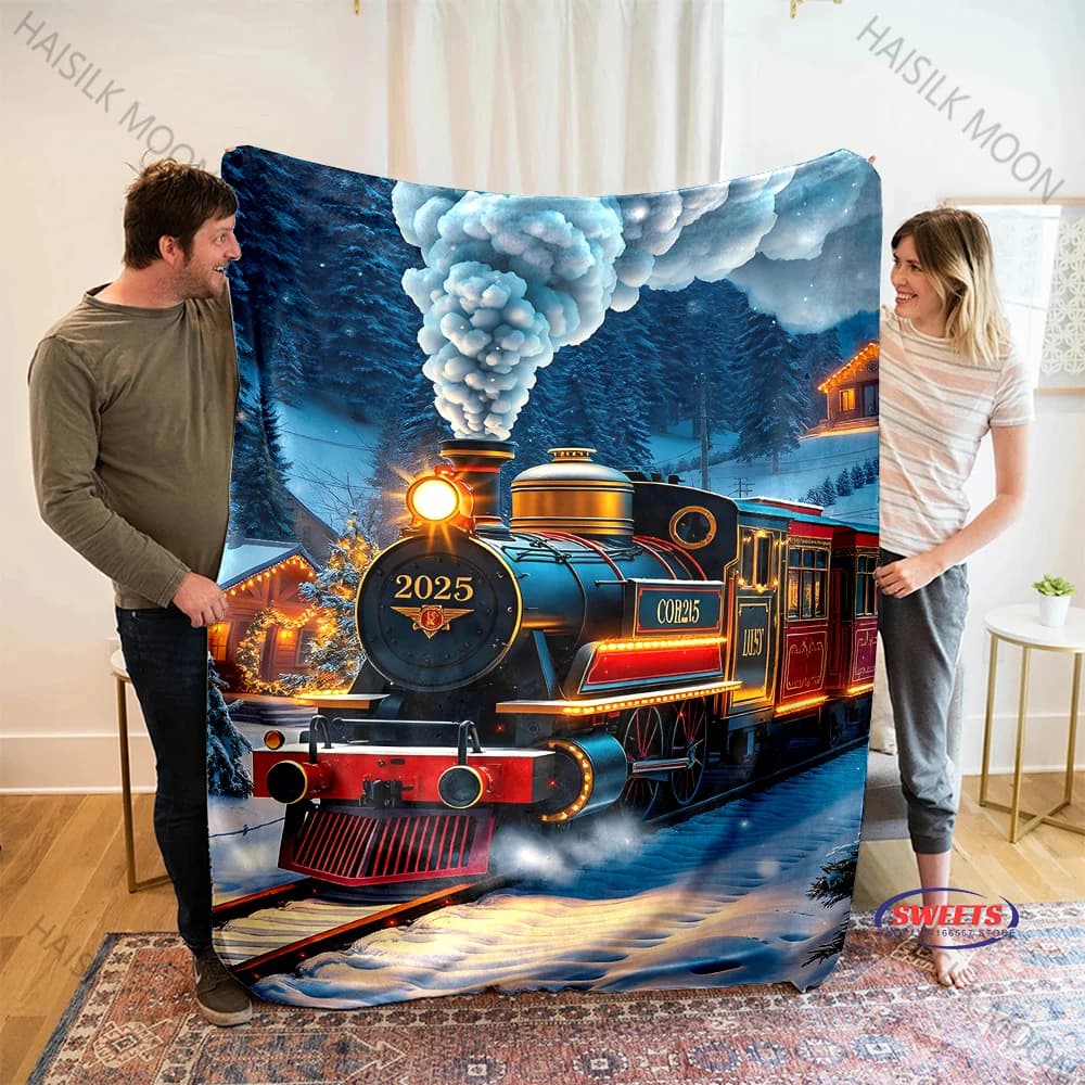 Coperta Queen in flanella con stampa treno vintage 3D - Coperta morbida e accogliente per divano, divano o letto, viaggi in ufficio, campeggio, regali per le vacanze