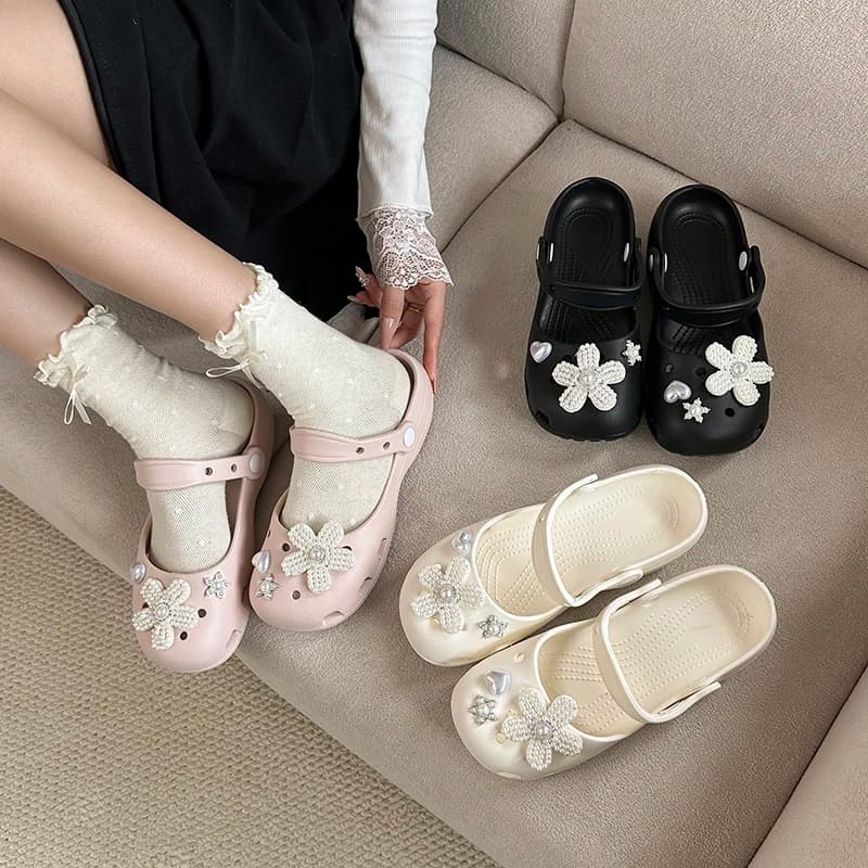 Sweet Pearl Flower Sandals Women's Summer Comfortable Breathable EVA Slippers Anti-slip Versatile Hole Hole Shoes Slip-On