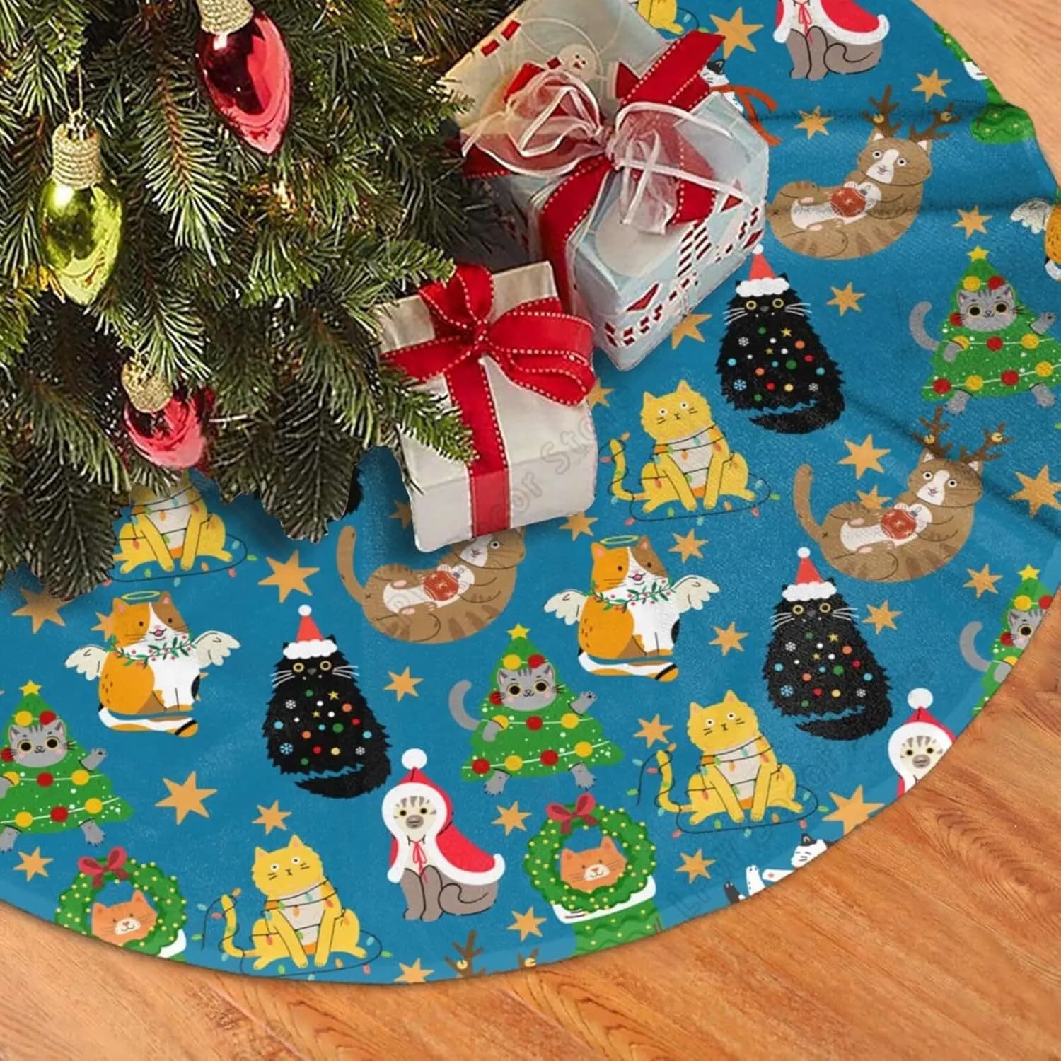 Simpatici gatti Gonna per albero di Natale Blu Kawaii Gonne per albero di animali Babbo Natale Tappetino per feste in fattoria Forniture per Capodanno Ornamenti