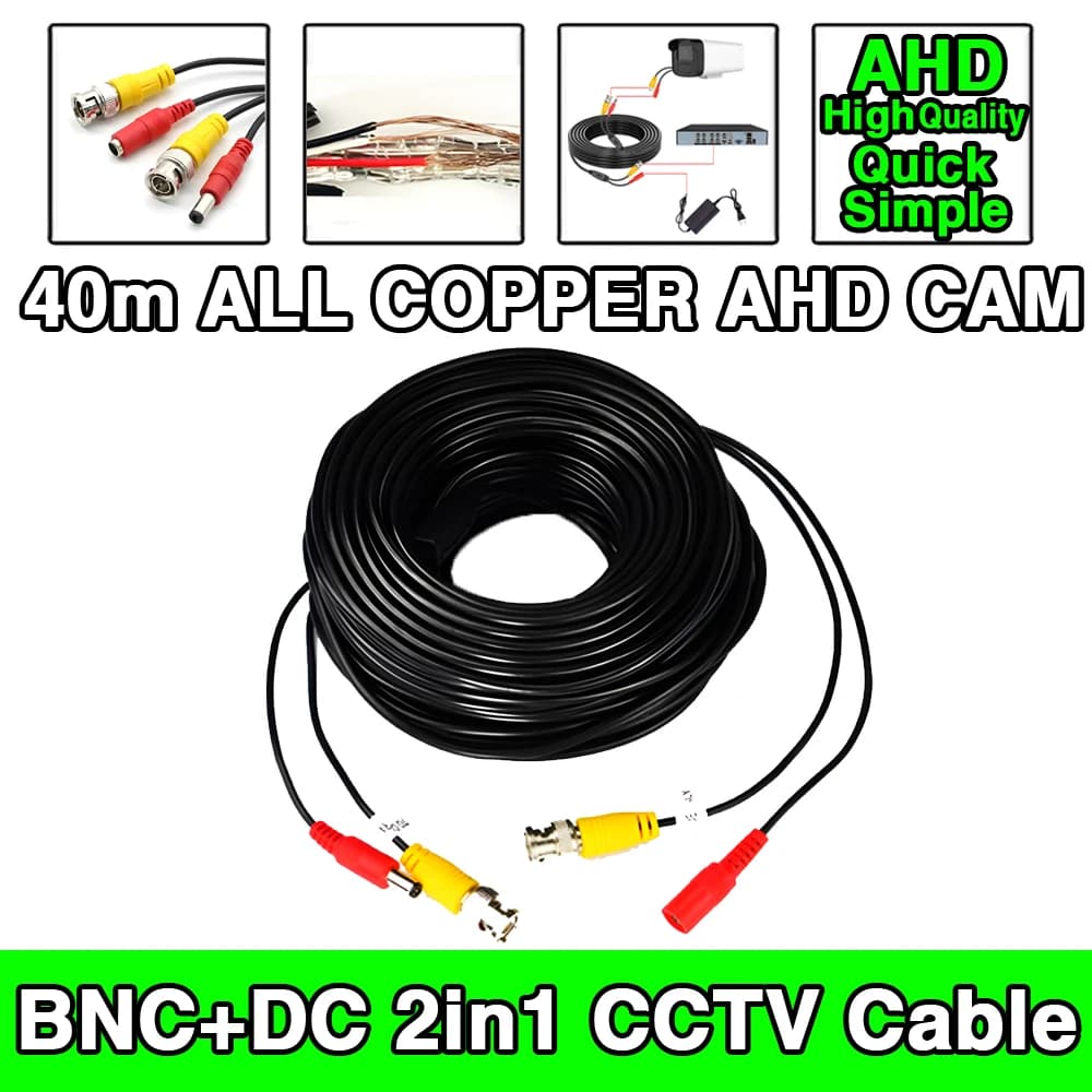 Cavo combinato CC BNC da 40 m - Cavo video interamente in rame ad alta definizione per telecamere di sicurezza AHD TVI con schermatura in foglio di alluminio