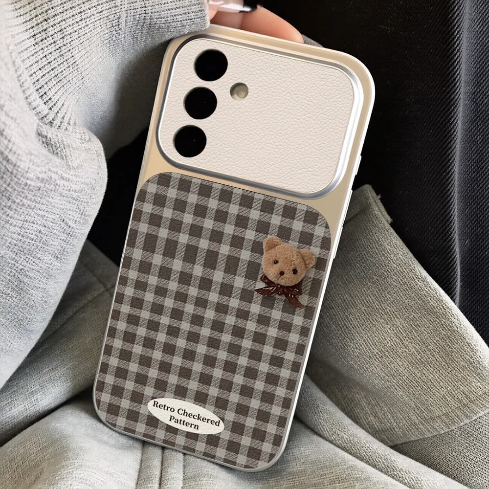 Cute Bear Phone Case For Samsung S26 Ultra S25 S24 S23 FE Plus A57 A56 A16 A37 A27 A07 A17 A55 A54 A36 A26 Lichee Pattern Cover