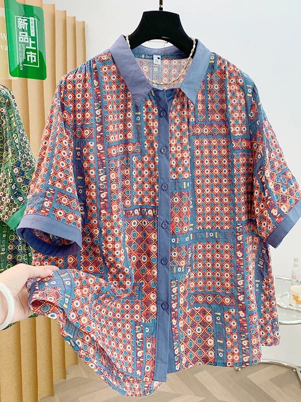 2026 Summer New plus Size Korean Style Printed Short Sleeve Cotton Linen Women's Shirt Meat Concealing Slimming Top Artistic ...