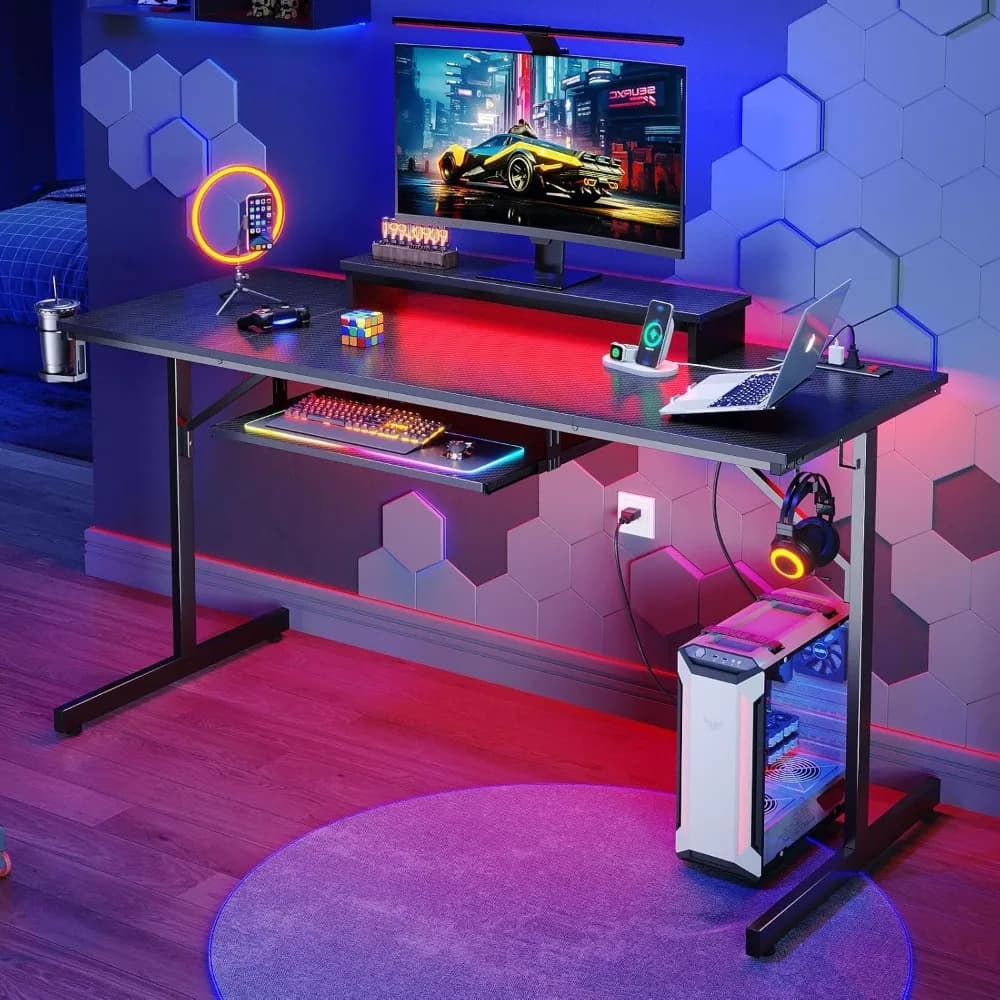 63 inch gaming desk with power sockets and LED lights, large computer desk with monitor support and keyboard tray Home office table with