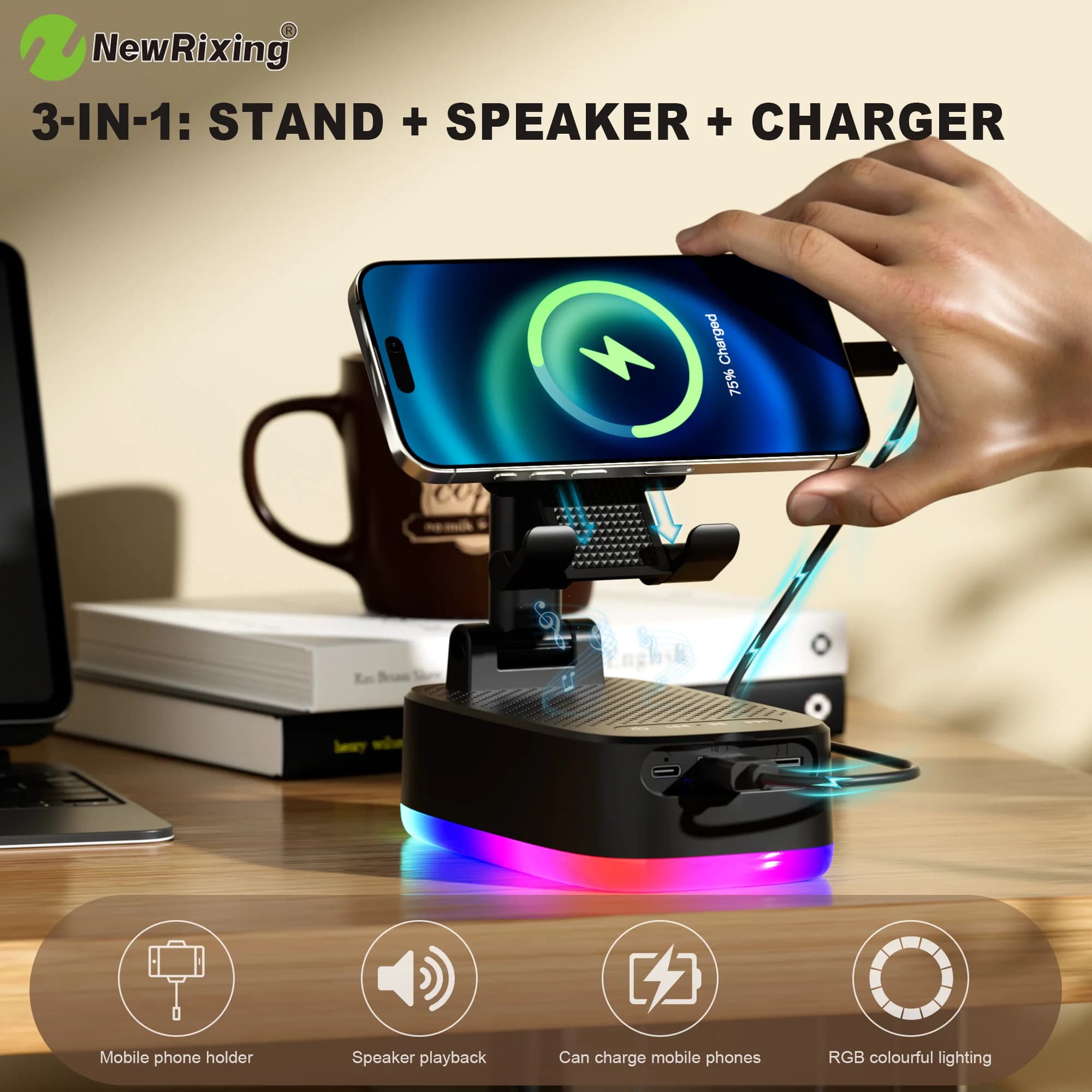 Supporto per telefono, altoparlante wireless da 6 W, batteria da 1800 mAh, power bank di emergenza, ricarica USB, luci RGB, vivavoce, supporto BT/USB/TF