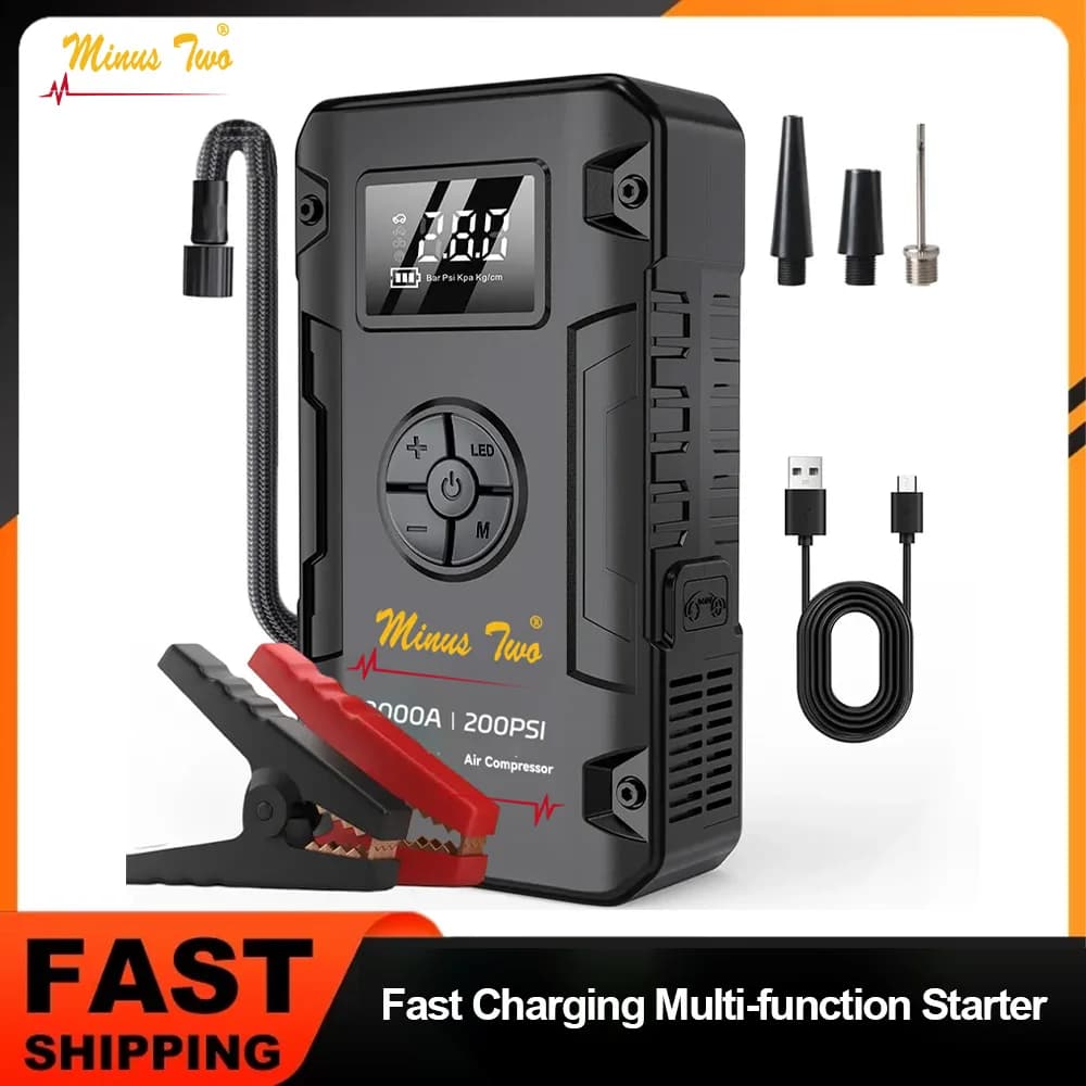 4000A 4-in-1 Jump Starter, 150PSI Air Compressor, 12V USB Powerbank with LCD Display, 10L Gas/8L Diesel