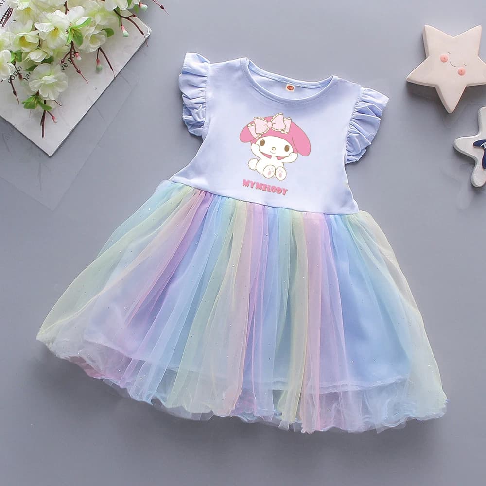 Summer Dress for Girls, Minimalist skirt with Cartoon print and Fashion Kids Net Inserts