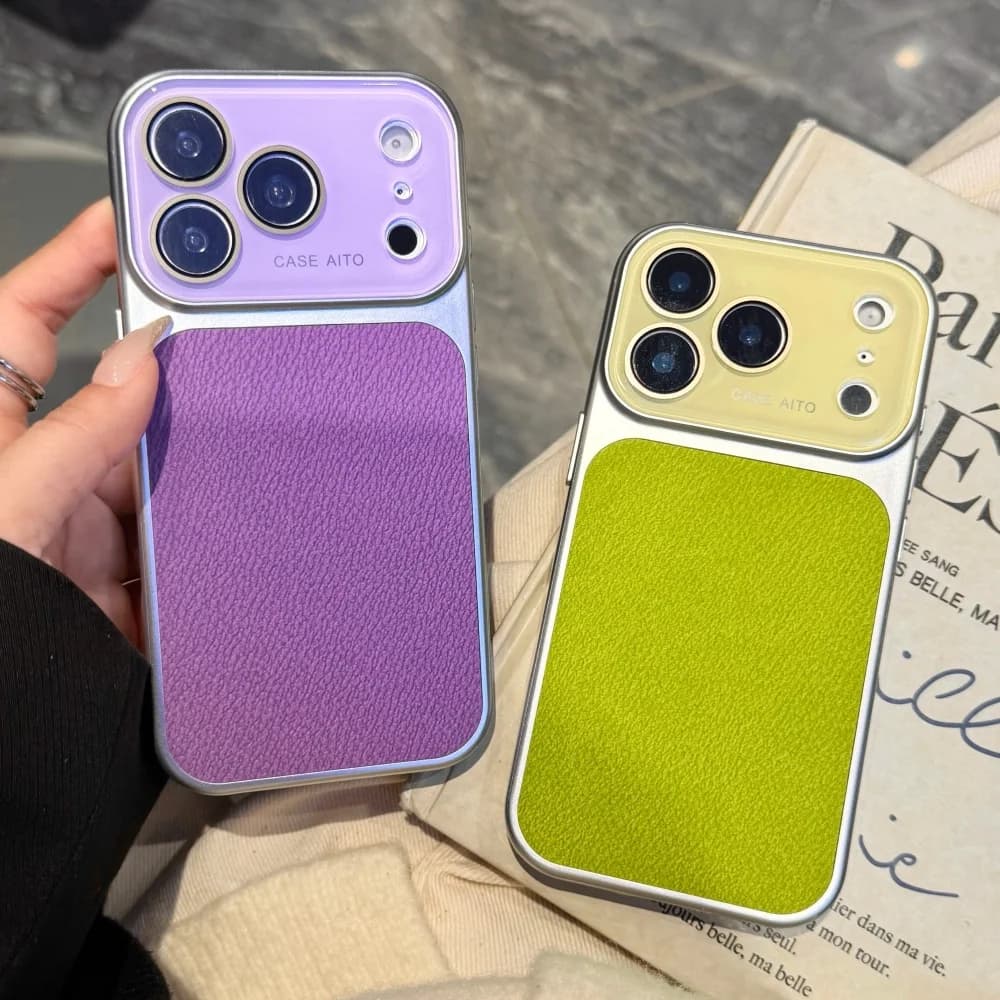 Nuova Custodia di Lusso in Pelle Tinta Unita con Texture per iPhone 17 16 15 14 Pro Max 13, Cover Antiurto con Ampia Finestra in Cristallo e Bumper