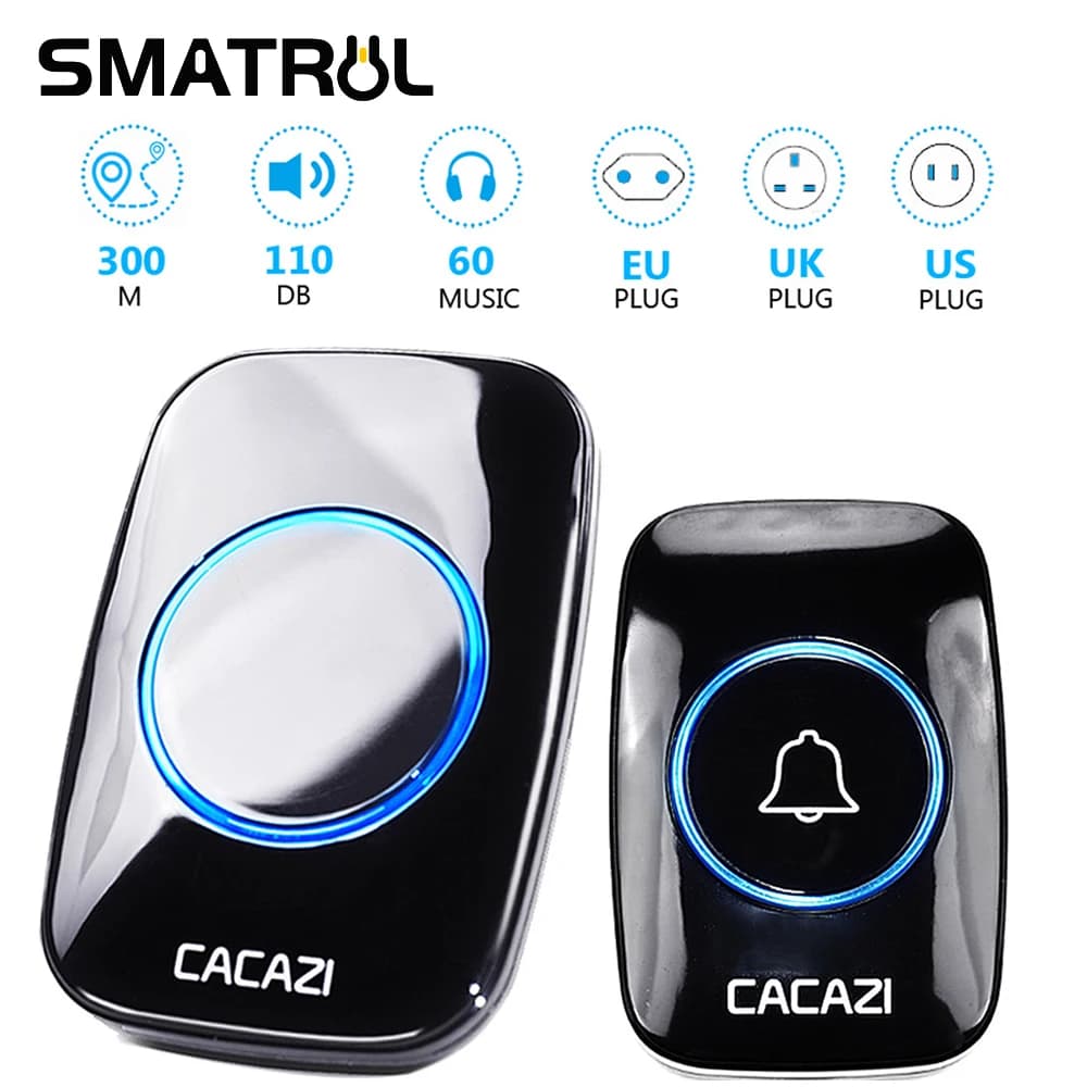CACAZI 60 Chime 110DB 300M wireless doorbell waterproof remote control EU AU UK US Plug Smart battery bell 1 button 1 2 receiver
