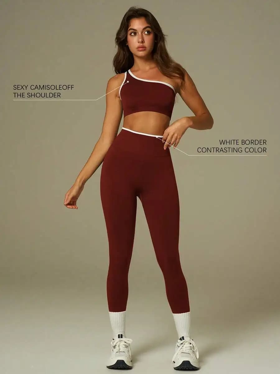 Set canotta e leggings da donna, reggiseno sportivo monospalla con bordo bianco, abbigliamento yoga senza cuciture a vita alta