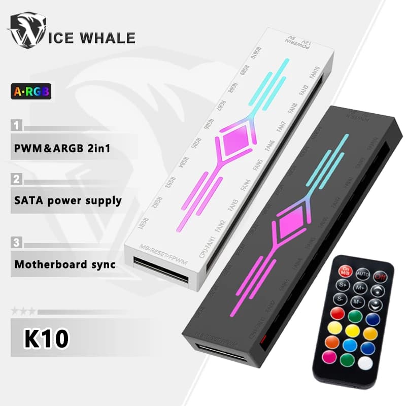 ICE Whale K10 da 1 a 10 PWM e ARGB Case Fan Hub SATA Interfaccia di alimentazione Splitter 4Pin PWM 3Pin ARGB indirizzabile con telecomando