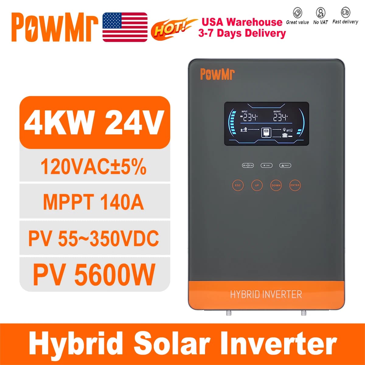 PowMr 4KW 110Vac 120Vac Off Grid Inverter solari 24V 140A 5600W Caricatore MPPT Onda sinusoidale pura Inverter domestico Display LCD da 6,25 pollici