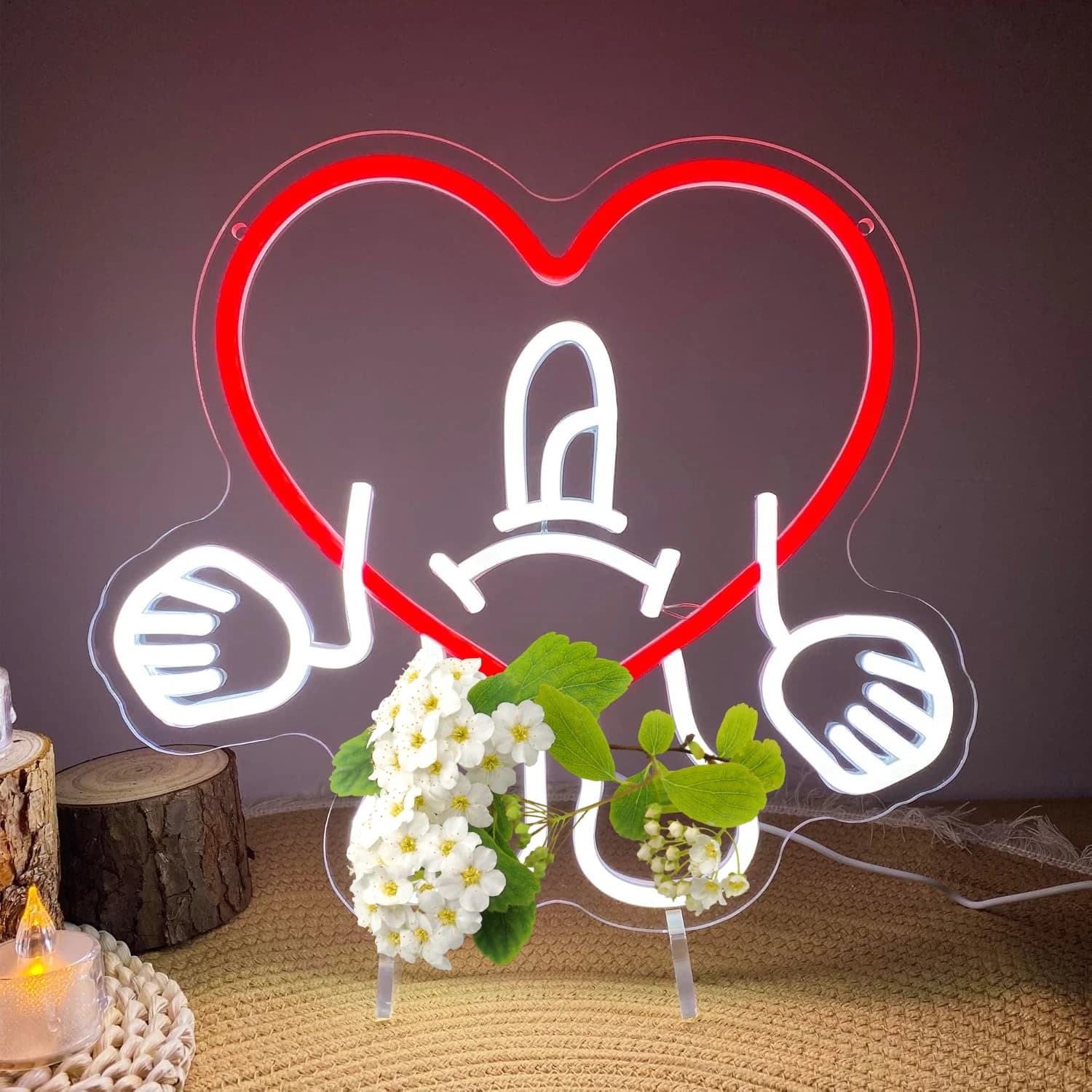 Insegna LED Neon a Forma di Coniglio Carino con Cappello e Pollice Fatto a Cuore per Arredamento Casa, Camera da Letto, Bar, Caffè - Illuminazione Artistica Romantica da Parete, Idea Regalo