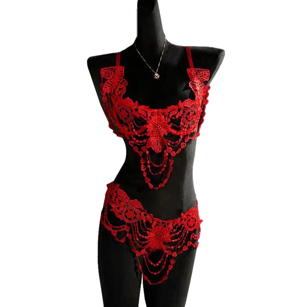 VampNight Elegant Red Guipure Lace Sexy Lingerie 2pcs Water Soluble Floral Embroidery Underwear Set for Women New High Quality