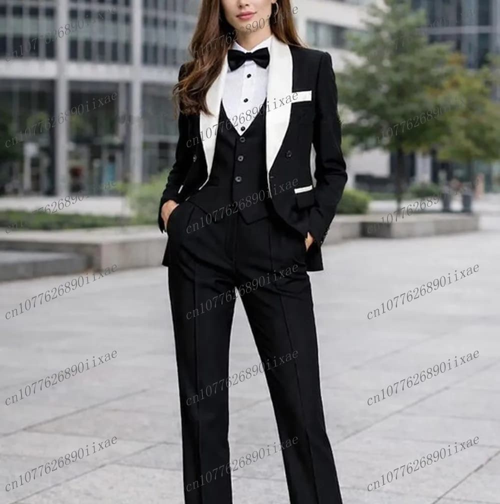 Completi da donna in bianco e nero, smoking da donna per affari, abiti da cerimonia per la mamma, set formale da donna in 3 pezzi: giacca, gilet e pantaloni