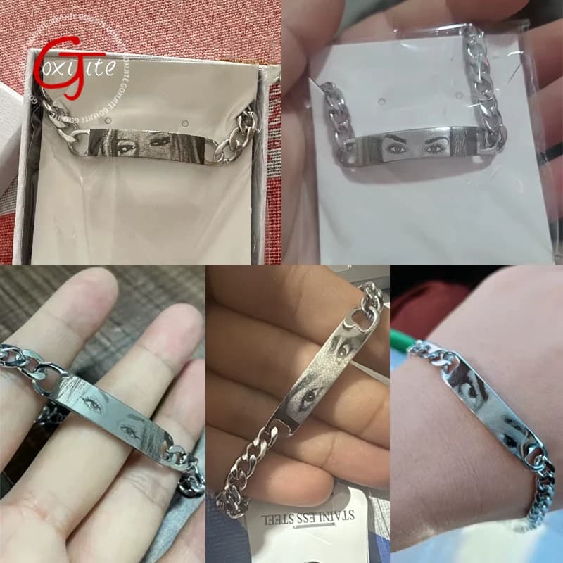 Goxijite Bracciale con foto occhi personalizzati per donna Uomo Braccialetti con nome dell'occhio inciso in acciaio inossidabile Gioielli creativi Regali per feste