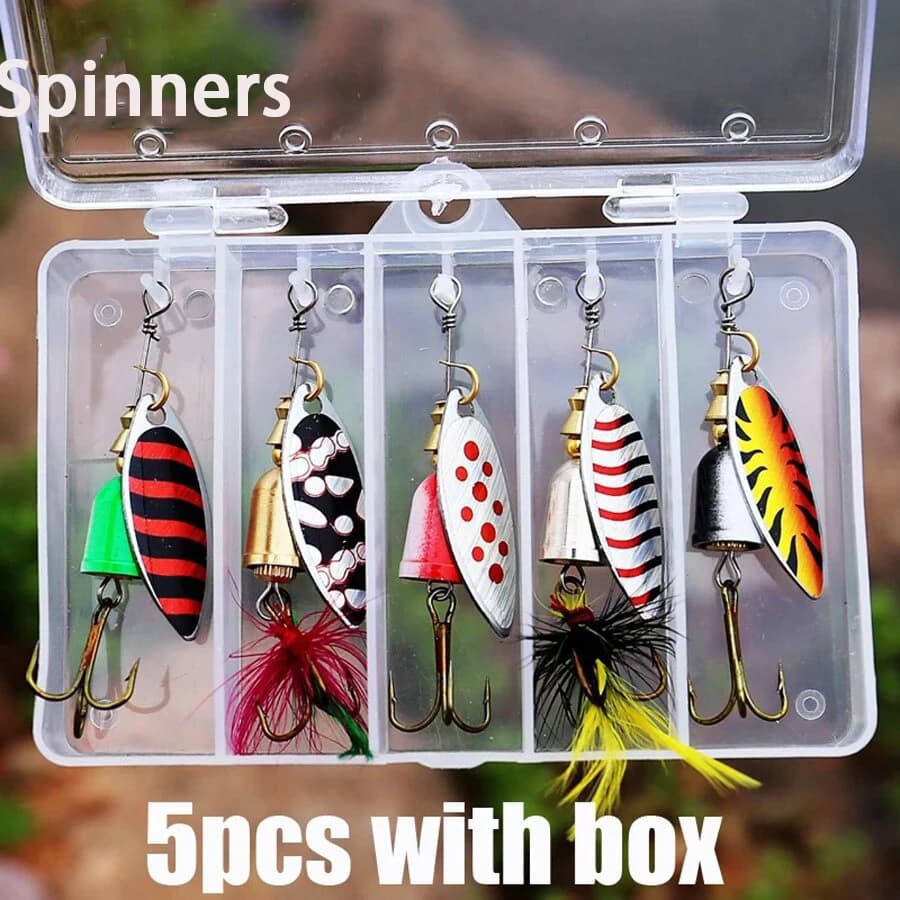 5 pieces bait fishing rod bait, salmon bass trout kit hard metal spinner baits with boxes for equipment