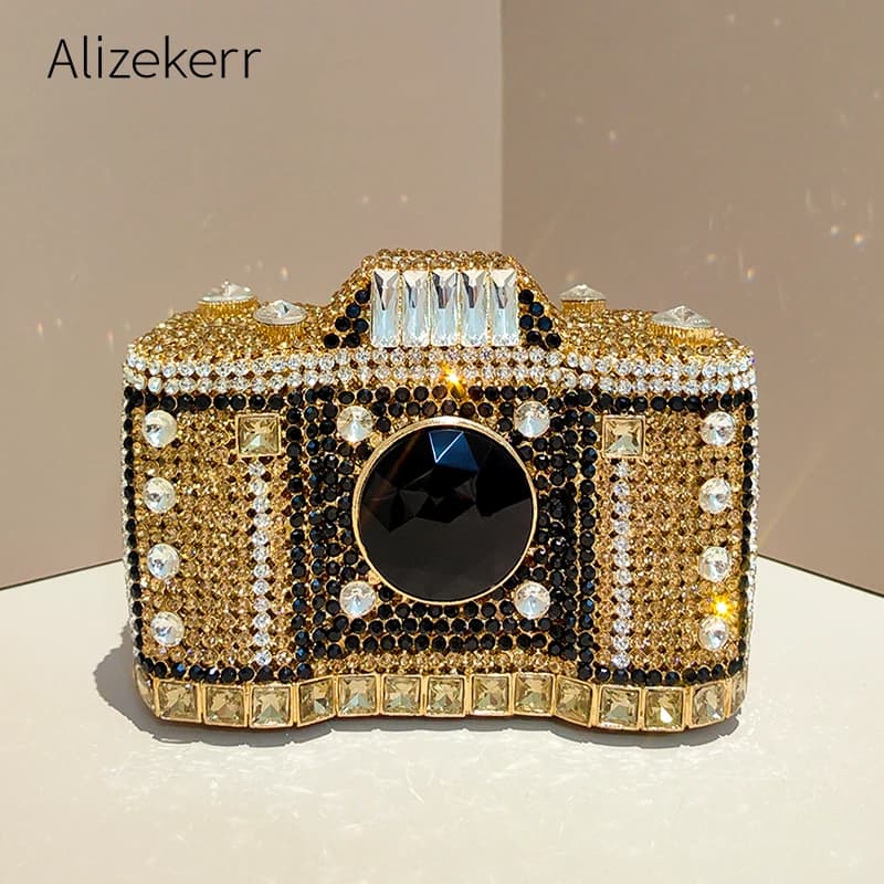 Camera Shaped Diamond Evening Clutch Bags 2024 New Boutique Novelty Metallic Rhinestone Purses And Handbags Bridal Wedding Party