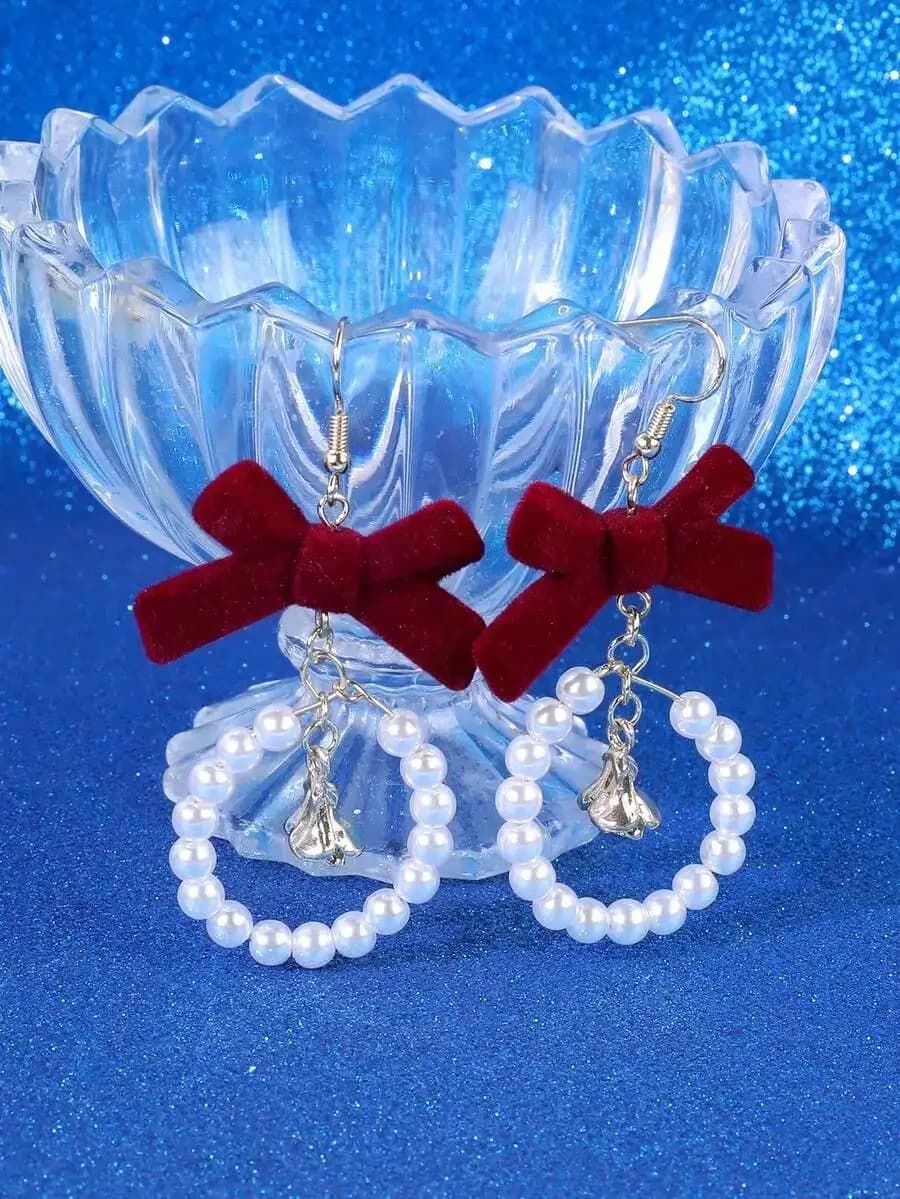 Red Flocked Bow Knot Pearl Drop Earrings For Women Fashion Jewelry
