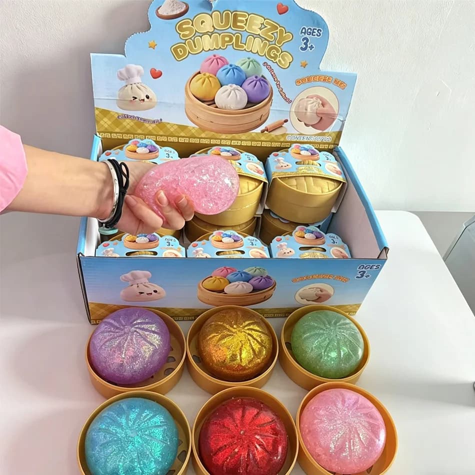 New Realistic Giant Dumpling Squeeze Toy with Bamboo Steamer Soft TPR Dough Ball Decompression Fidget Toy Creative Funny Gift