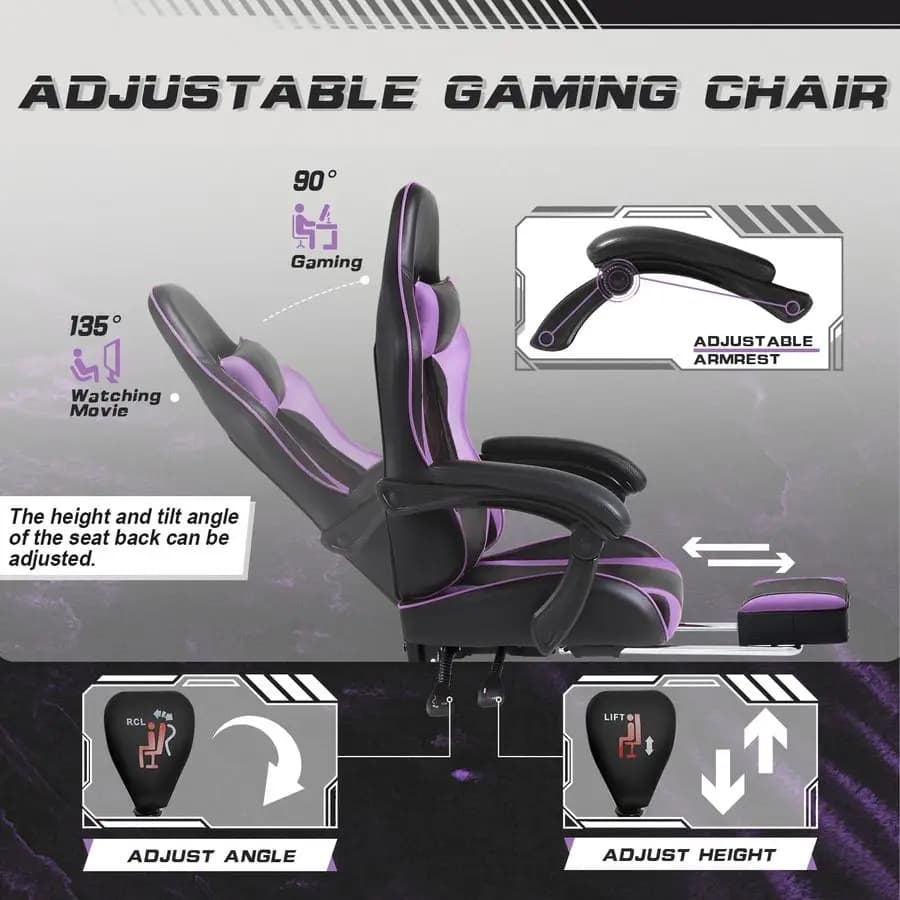 Sedia da gaming con poggiapiedi e supporto lombare per massaggi, sedie per computer, sedile da corsa video regolabile in altezza con 360° ° Girevole e