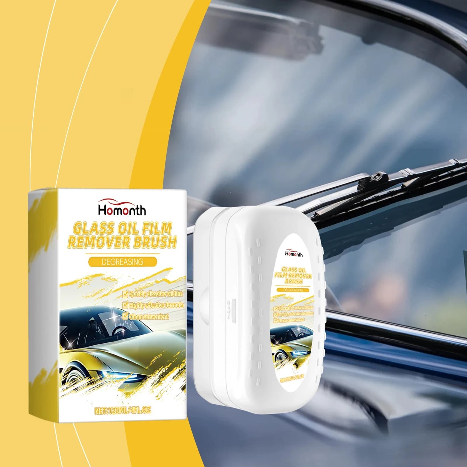 Sponge for the removal of the oily film from the glasses of the car, brush for the cleaning of the windscreen, detergent for the removal of stains from the windscreen / Charge for the removal of stains from the windscreen