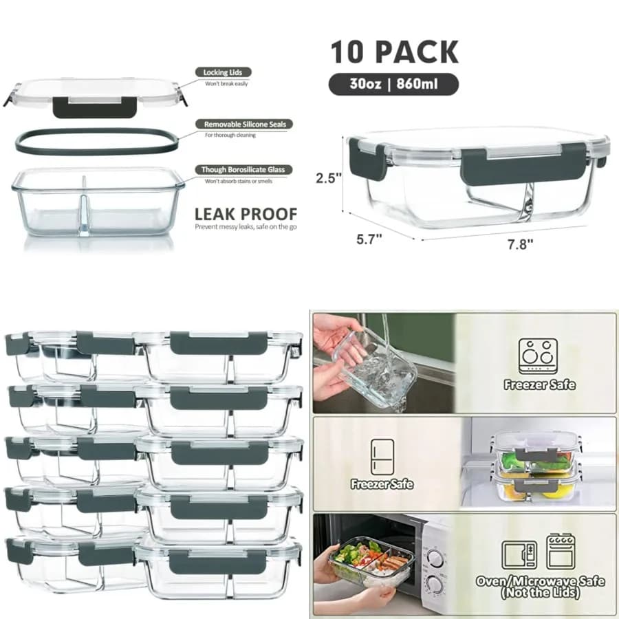Set da 10 Contenitori in Vetro da 30 Oz per Preparazione Pasti, 2 Scomparti, Scatole Bento Ermetiche con Coperchi, Contenitori in Vetro per Conservazione Alimenti, M