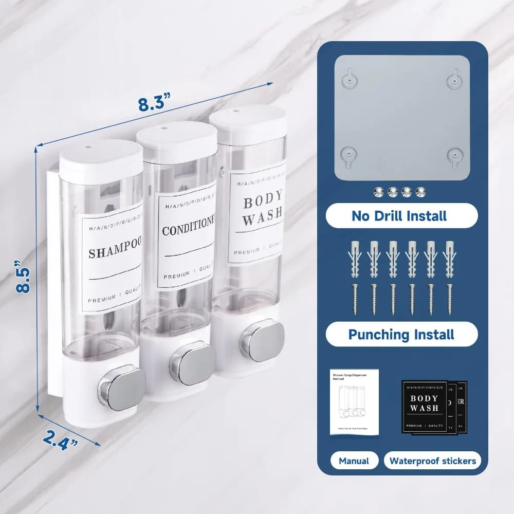 Wall Mounted Shampoo Dispenser No Drill White Shower Soap Dispenser 2*300ml/3*300ml Transparent Conditioner Dispenser