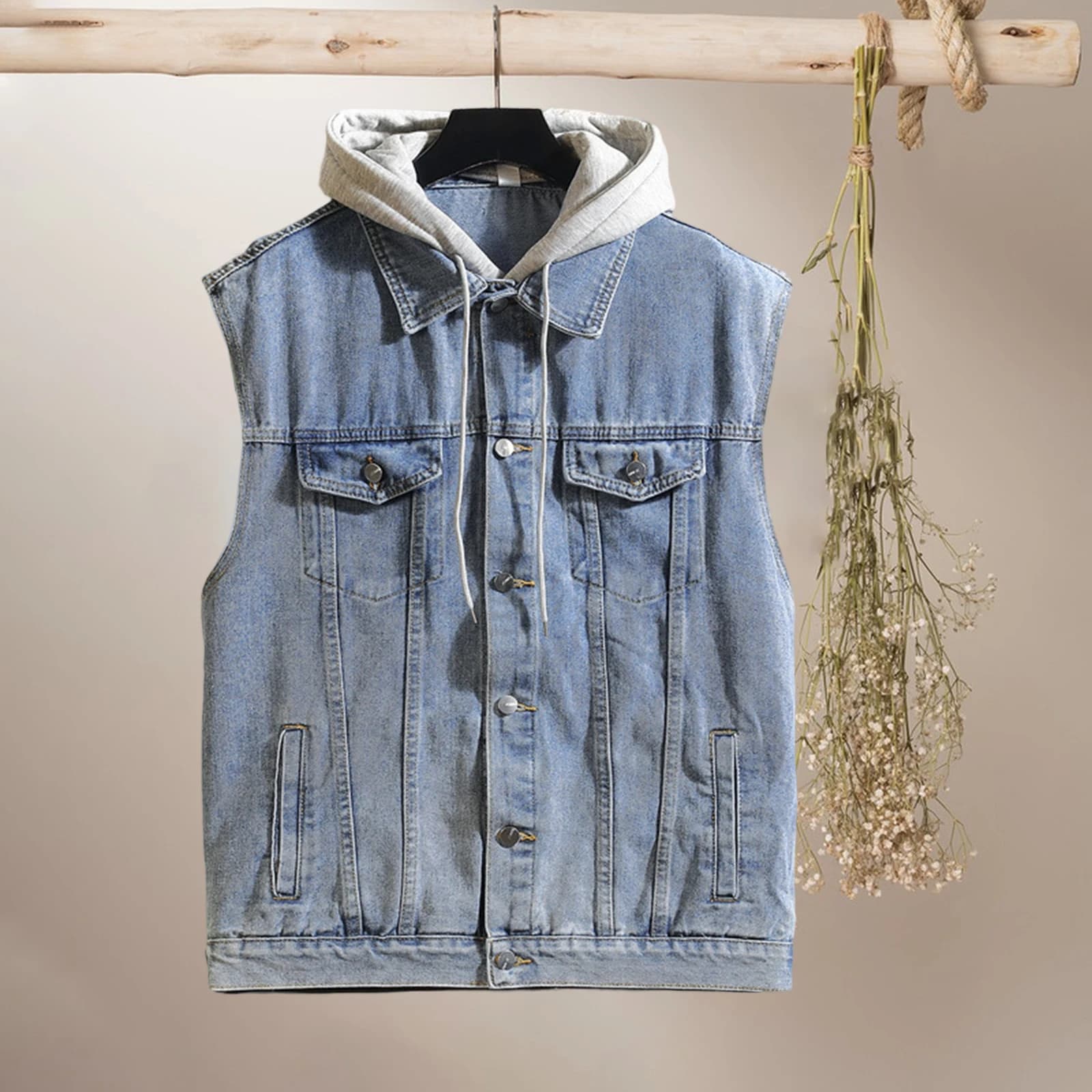Gilet di jeans da uomo con cappuccio e tasche Giacca di jeans senza maniche calda con bottoni in colore a contrasto casual